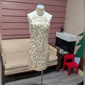 Cream and Gold Sequin Mini Dress